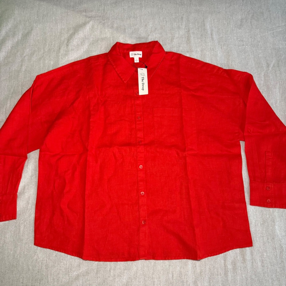 The Drop Women Red Linen Long Sleeve Button Up Shirt Top Size L